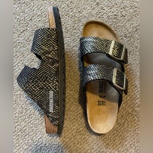 Shimmery Gold and Black Birkenstock sandals